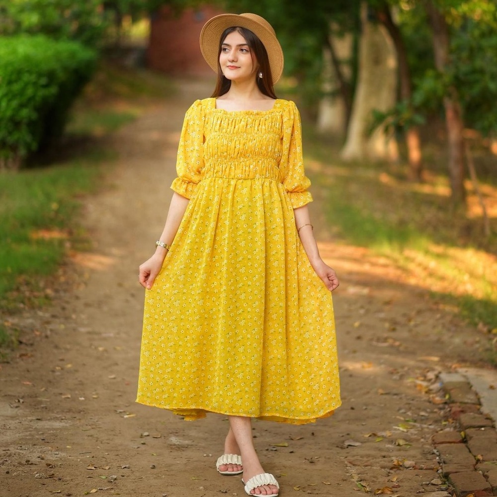 Yellow Chiffon Summer Frock Zara/Mango/Khaadi